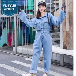 Tute in Denim con maniche lunghe a maniche lunghe da donna primavera con cintura tuta bavero moda Jeans lunghi abiti da donna monopetto