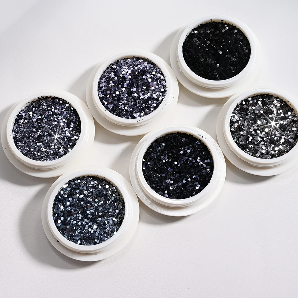 8 Styles/6 Cans Ultra Bright Sequin Glitter Powder Set Black/Grey Holographic Glitter Chrome Powder UV Gel Polish Manicure Decor