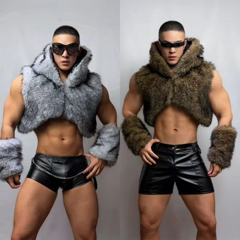 

Мужской костюм для рейва: жилет с меховыми рукавами, кожаные шорты, одежда для танцев на пилоне, костюм для ночных клубов, диджеев, DS, Gogo, сольный образ XS10926