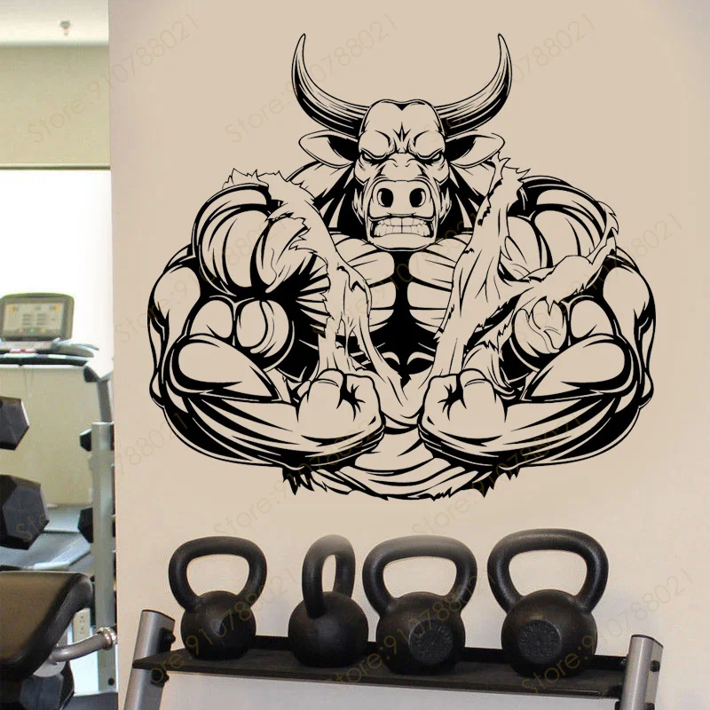 Gym Wall Sticker Bull Muscle Fitness Studio Sign Decals Vinyl Art Decor Home GYM Motivation Exercise Poster Modern Murals S576