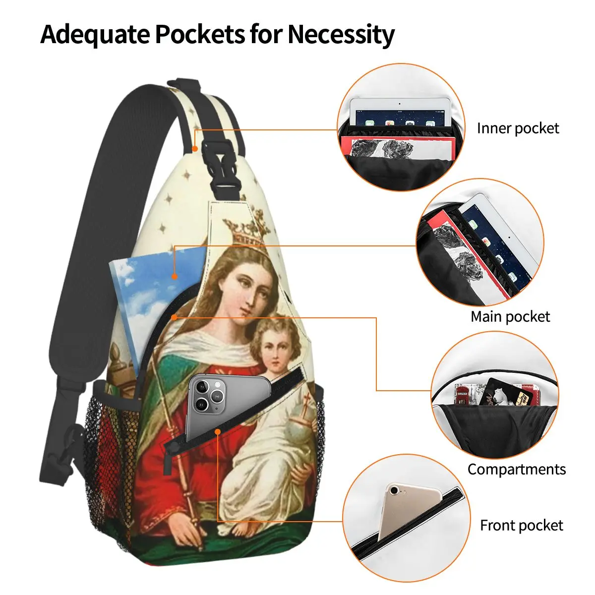 بارد مريم العذراء الكاثوليكية المسيحية حقيبة الصدر الرجال حبال Crossbody على ظهره حقيبة صدر للرجال السفر المشي لمسافات طويلة Daypack حقيبة كتف