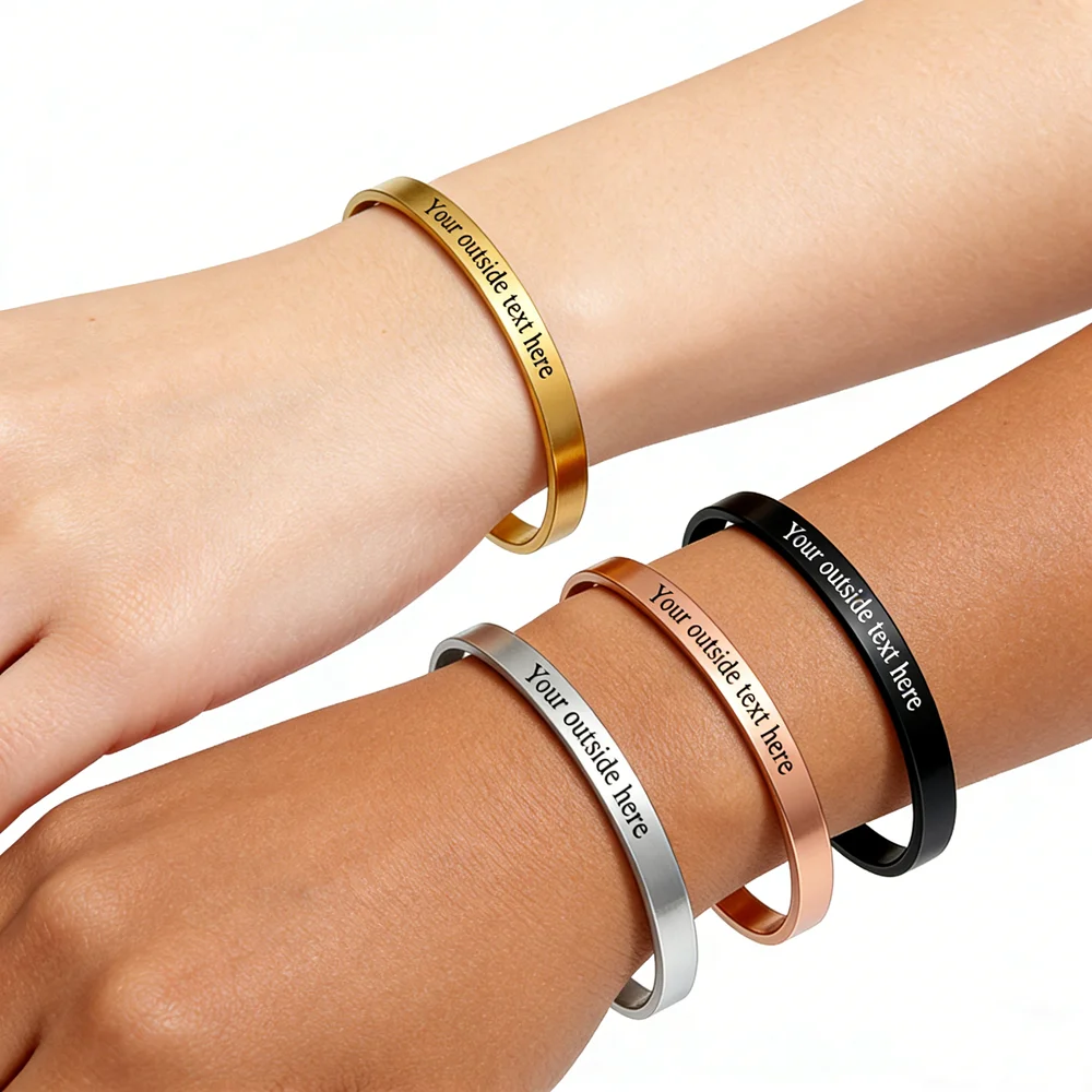 

Custom Stainless Steel Open Bangle, Engraved Brushed Matte Bangle, Personalized Text, Date, Coordinates, Name, Couple Bracelet