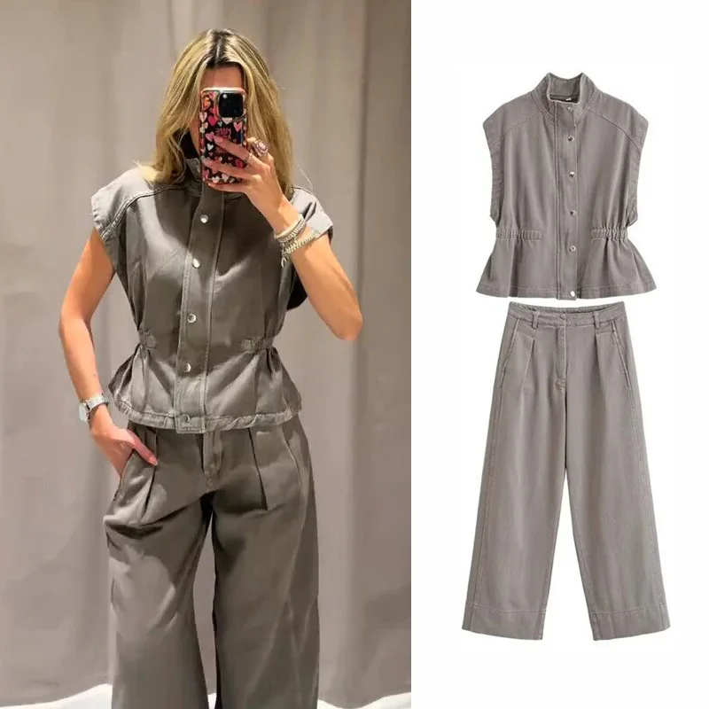 

Casual Denim Waistcoat Pants Women Set Short Sleeve Waist-cinching Vest Straight Pant Female Sets 2026 Summer Lady Trouser Suit