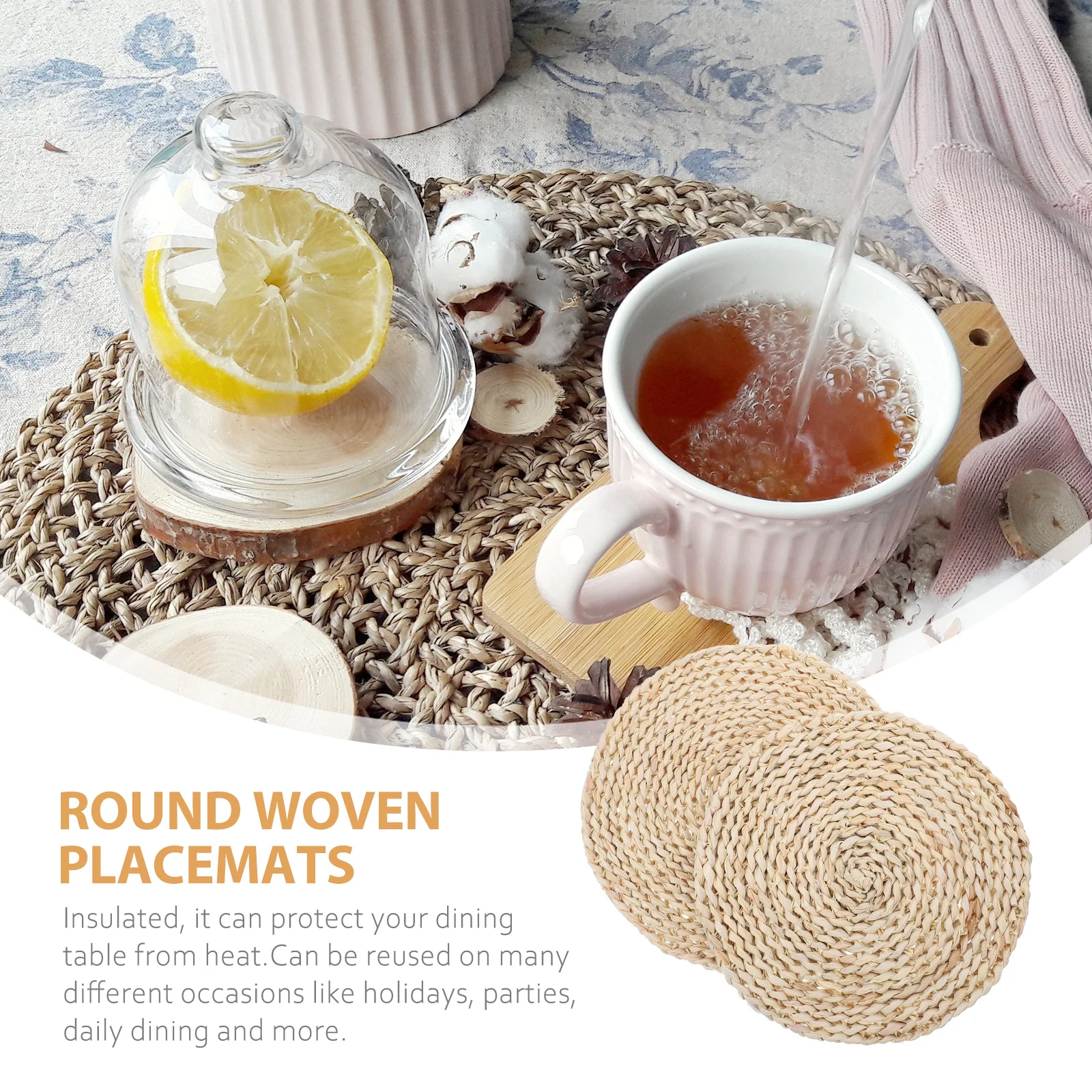 

2Pcs Round Woven Placemats 22Cm Rustic Natural Braided Table Mat Set for Home Restaurant Hotel Coffee Shop Decoration Coasters