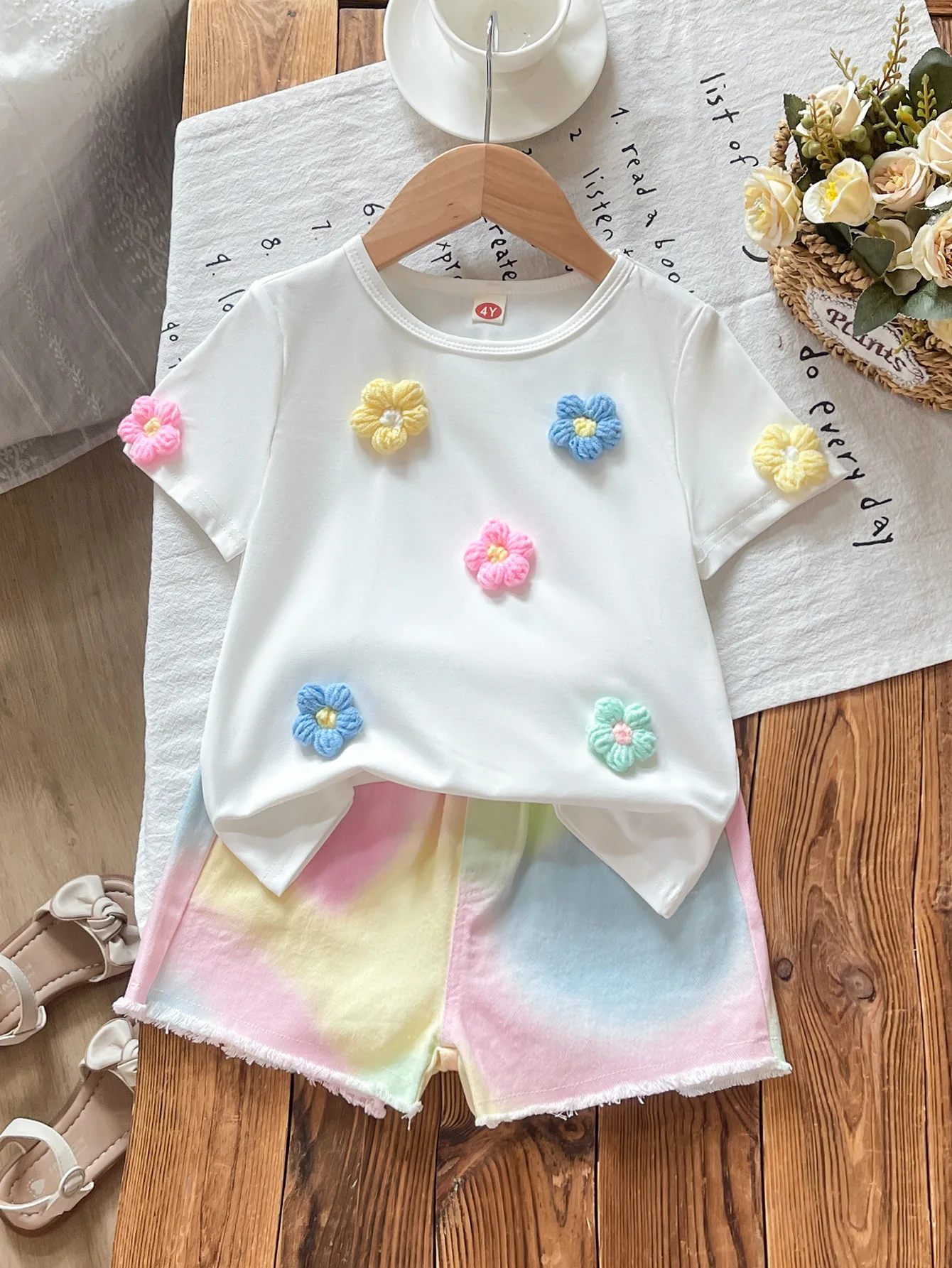 2026 New Girls Crew Neck Three-dimensional Flower Crew Neck Top + Symphony Jeans Set Two-piece Set