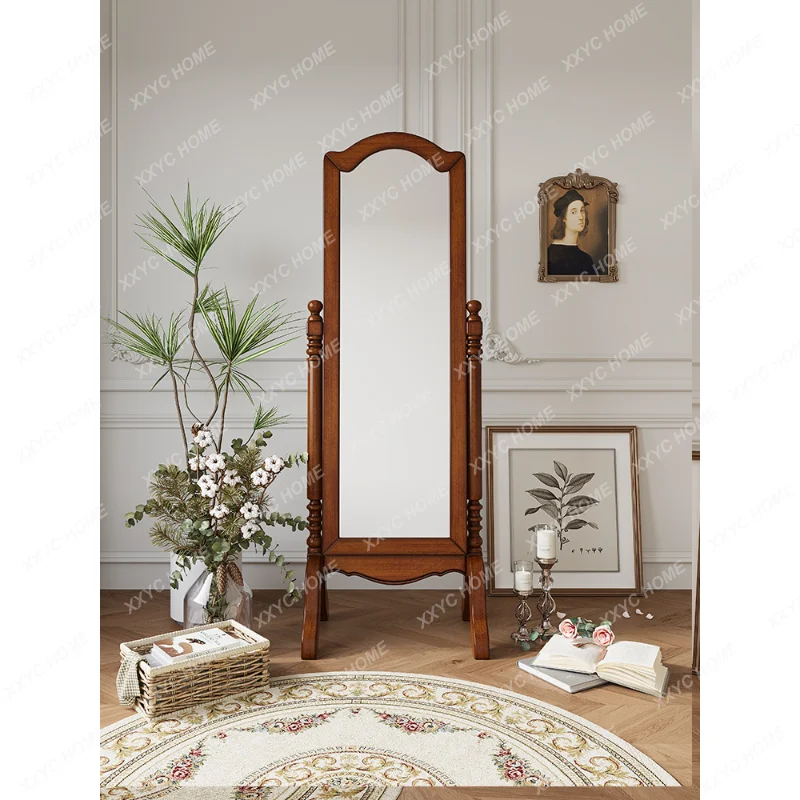 Solid Wood Dressing Mirror Bedroom Stereo Floor Mirror Retro Affordable Luxury Rotating Home Full-Length Mirror