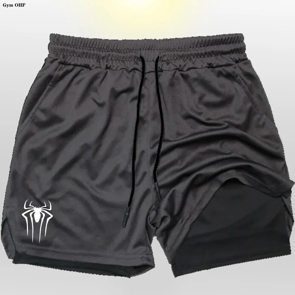 Spider Short Men Streetwear 2 In 1 Fitness Shorts Drawstring Mesh Lining Elastic Waist Breathable Quick Dry To Beach Pool Summer