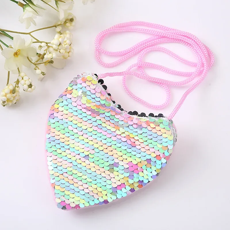 Princess Sequins Heart Shape Baby Bag Cute Solid Color Kid Coin Purse for Toddler Girl Shiny Children Shoulder HandBags