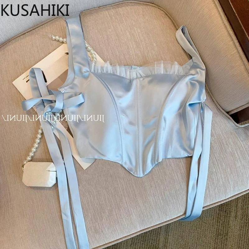 KUSAHIKI French Blue Strap Top Women\'s Fashion Korean Satin Tank Top Spicy Girl Y2k Fashion Bow Bandage Camis