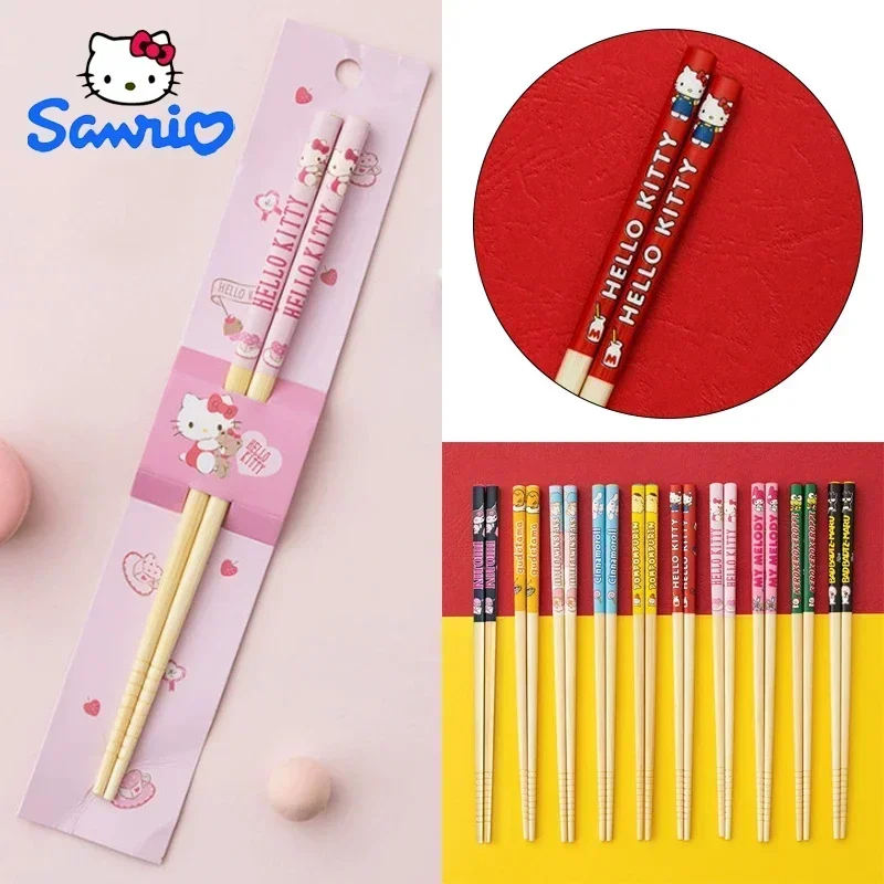 Sanrio Hello Kitty Natural Bamboo Chopsticks Cute Cartoon Reusable Sushi Food Tableware Kitchen Tools Chinese Wooden Chopsticks