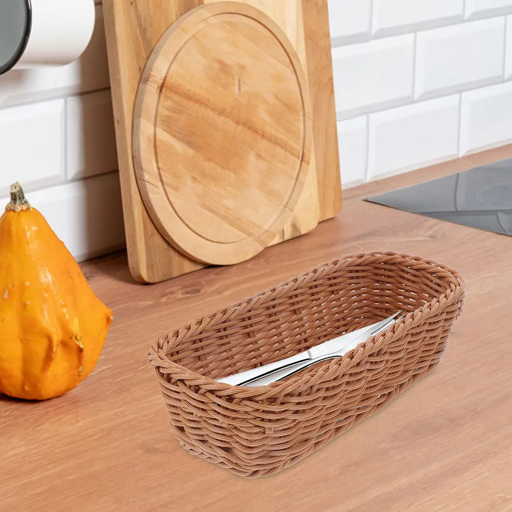 

2 шт., корзины для хранения из искусственного ротанга для фруктов, хлеба, кухонного органайзера, коричневый тканый поднос, корзина для закусок, многофункциональная экономия места