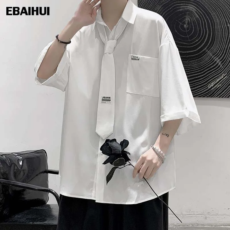 

EBAIHUI Solid Shirts for Mens Summer Short Shirts with Tie Loose New 2023 Turn-down Collar Half Sleeve Casual Blouse for Male