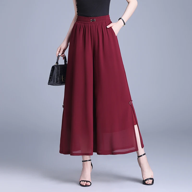 ZUZK Women New Side Slit Chiffon Pants Summer Thin Elastic Waist Wide Leg Pants Chic Droop Trousers Nine Point Pants