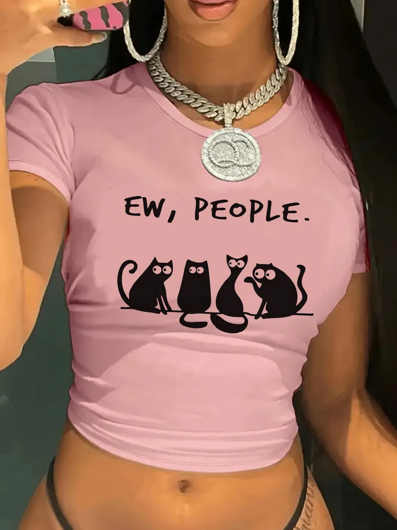 90er Chic Crop-Top mit Niedlichem Schwarzen Katzen-Print, Rundhals-T-Shirt, Y2K Kurzarm, Figurbetontes Crop-Top, Frühling Sommer Damenmode