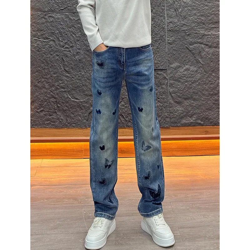 

Мужские джинсы свободного кроя с вышивкой в стиле ретро, прямые джинсовые брюки, универсальные модные брендовые длинные брюки