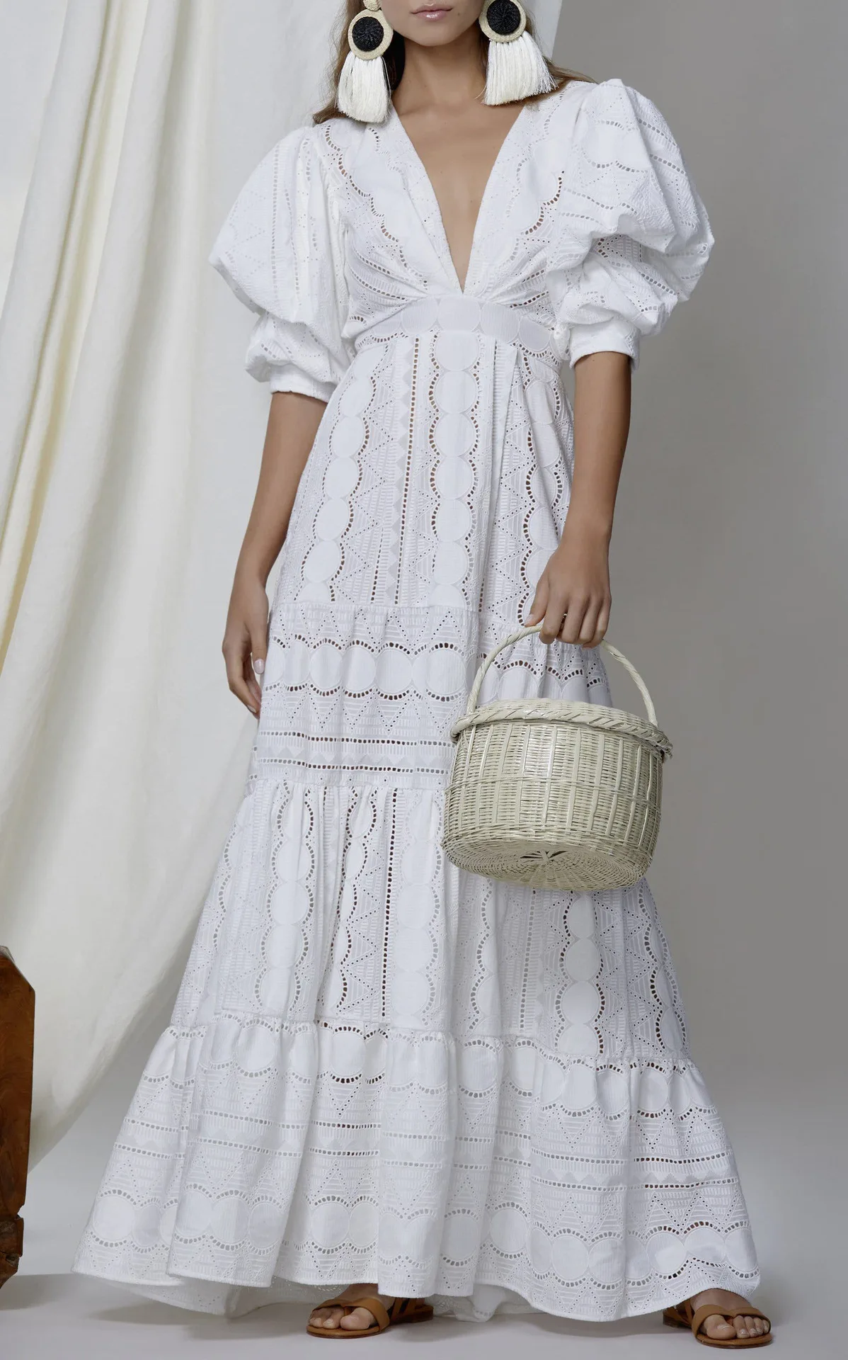 

2020 Summer Women's Deep V Bubble Sleeves Lace Dress With Hollow Long Skirt New