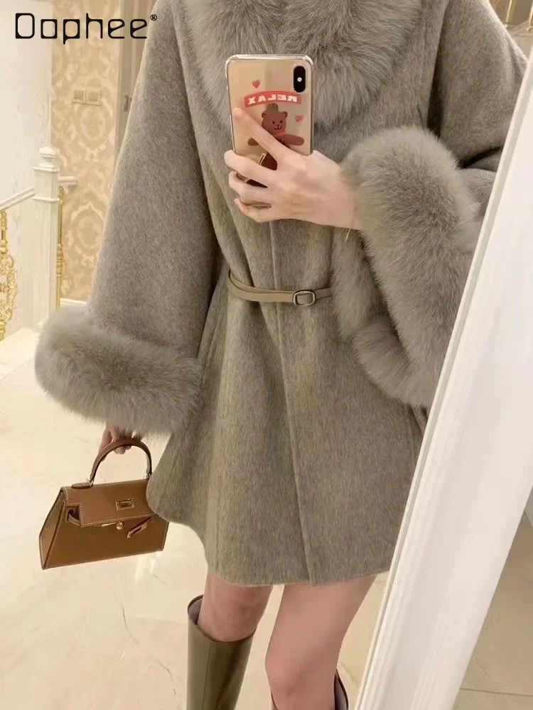 

Korean Style Woman Cape Reversible Cashmere Coat 2023 Autumn and Winter New Women's Fox Fur Collar Shawl Double-Sided Wool Coats