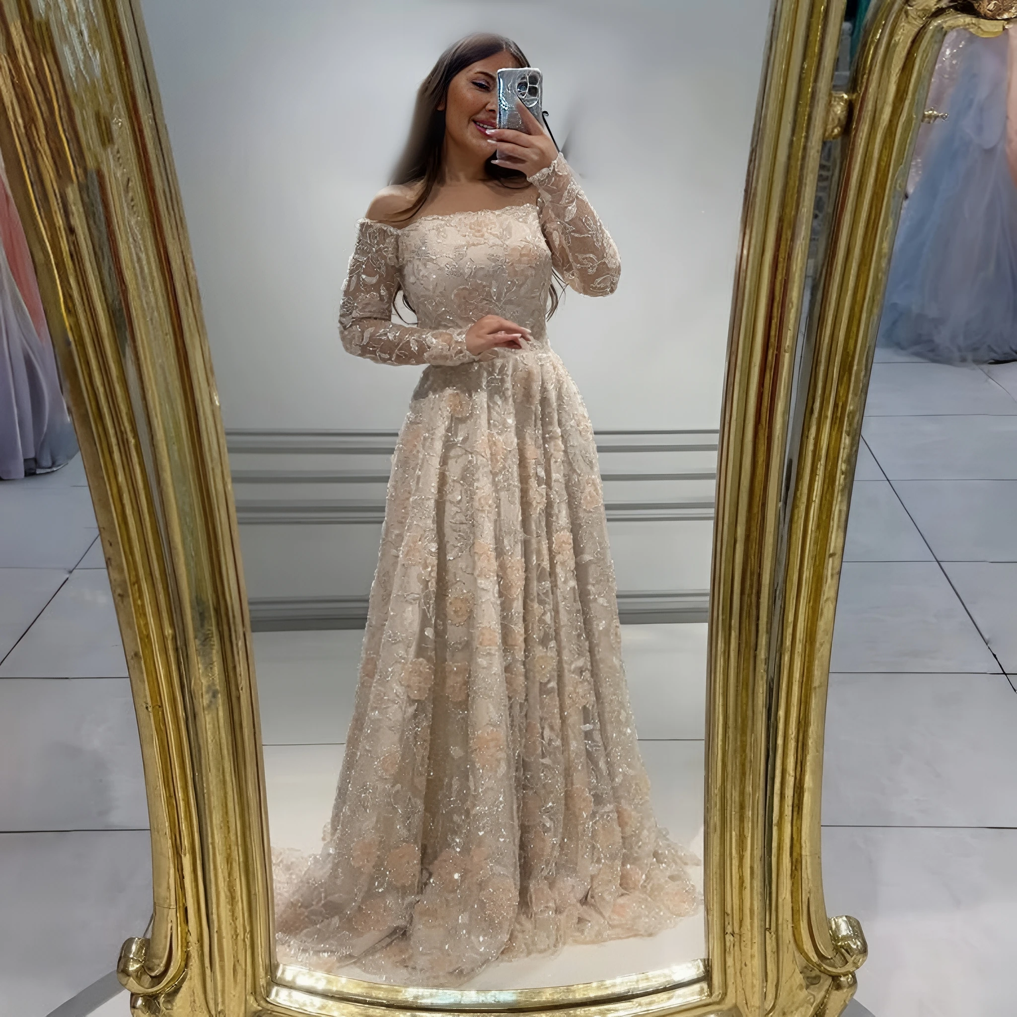 Sharon disse elegante fora do ombro vestido de noite manga longa luxruy frisado árabe festa vestidos de baile para mulher ss638 personalizado