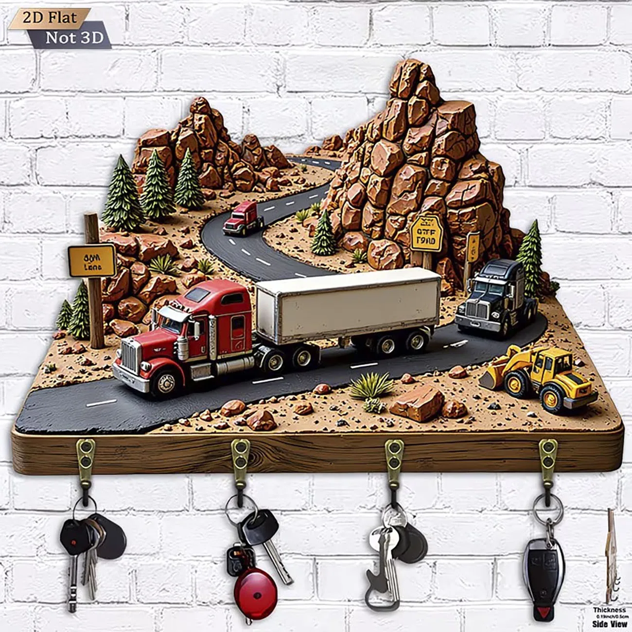 Desert Highway Truck Key Holder, 2D Flat Print Wall Mounted Key Rack with 4 Hooks, Truck Driver Home Decor
