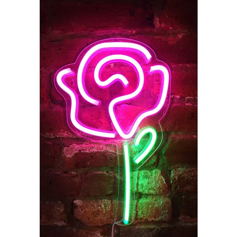 15 "X 9" Inch Led Neon Roze Roos Bloem Met Groene Stengel Muur Cool Licht Kunst Slaapkamer Decoraties Aangedreven Door Usb Draad (Roos)