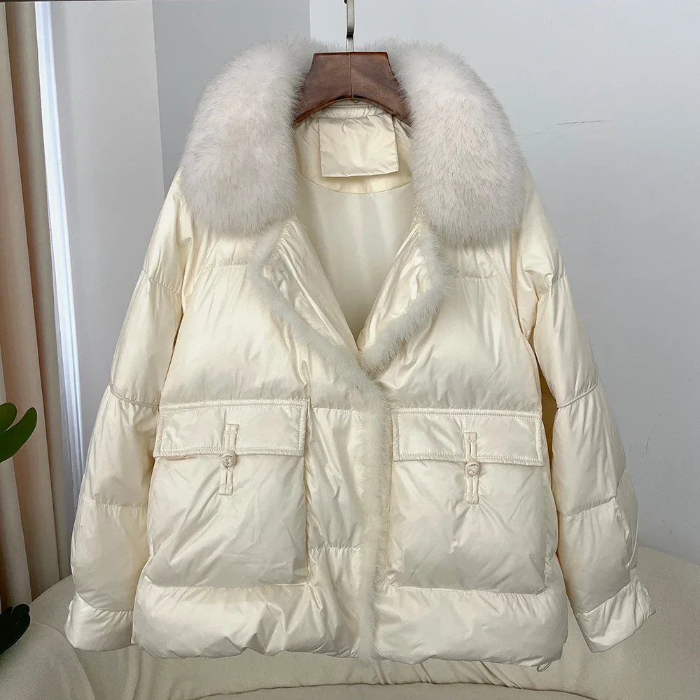 Fur Real Autumn Winter Fashion Fox Fur Collar  White Duck Down Thickened Warm Women Korean Style Loose Casual Down Jacket