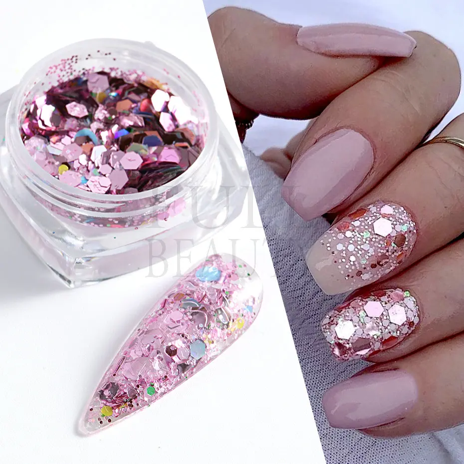 1Jar Shiny Nail Sequins Chunky Hexagon Glitter Pink Blue Summer Mermaid Aurora Flakes Manicure Sparkly Powder Paillettes ID01-06