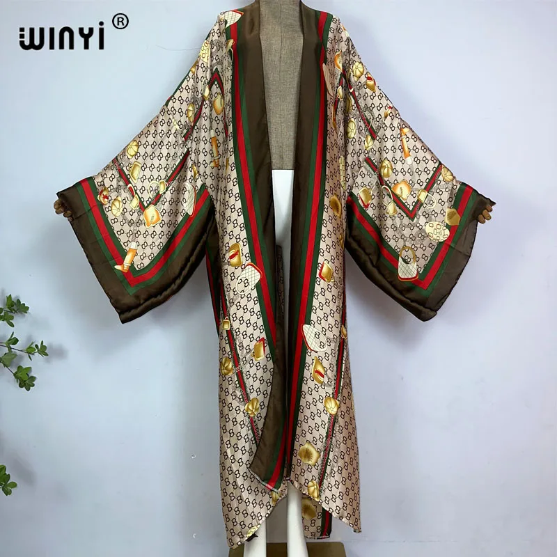 WINYI Africa Classic retro print fashion lady beach Bohemian long Cardigan Cover-up stitch Casual Boho Maxi Holiday party kimono