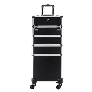 Aluminum 4-in-1 Rolling Makeup Train Case, Portable Travel Organizer with Wheels, Lockable Beauty Storage Suitcase (Black)