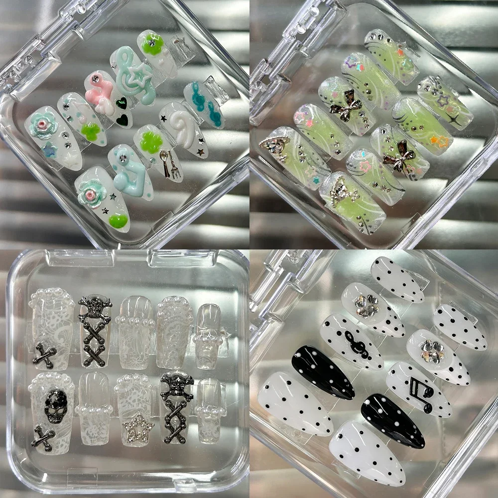 

Kawaii Wings Bowknot Diamond Smudging Handmade Nails Polka Point Flowers Pearl Star Heart Hand-Drawn Press On Nails Friend Gifts