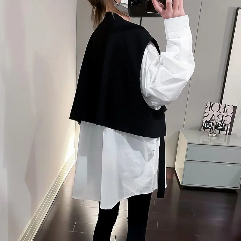 Fake Two Pieces Spring Autumn New Women\'s Contrast Color Spliced Asymmetrical Blouse V-Neck Elegant Loose Long Sleeve Shirt