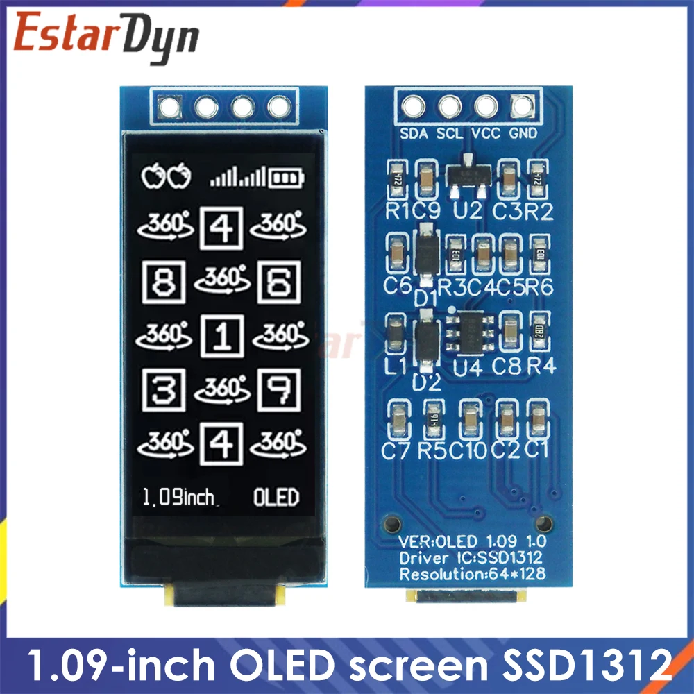 

1.09 Inch 128x64 White OLED Display Module, I2C SSD1312 4Pin for Arduino ESP32, Plug and Play