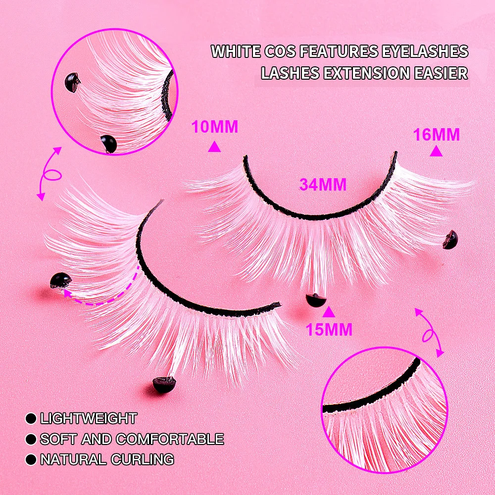 4 Paar Witte Valse Wimpers Met Zwarte Parels Halloween Feest Cosplay Make-Up Faux Mink Lash Creatieve Handgemaakte Nepwimpers