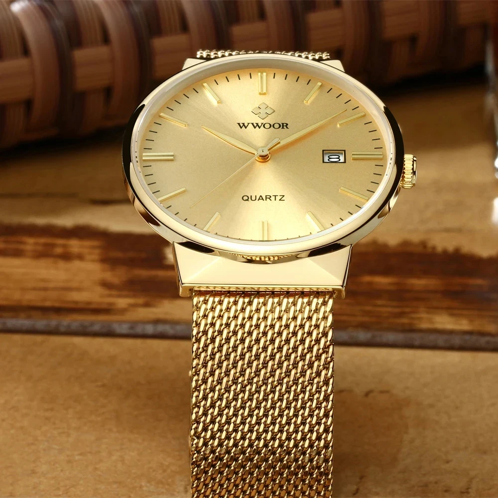 WWOOR, relojes simples y delgados para hombre, marca de lujo, malla de acero dorado, reloj de pulsera ultrafino resistente al agua con fecha, reloj
