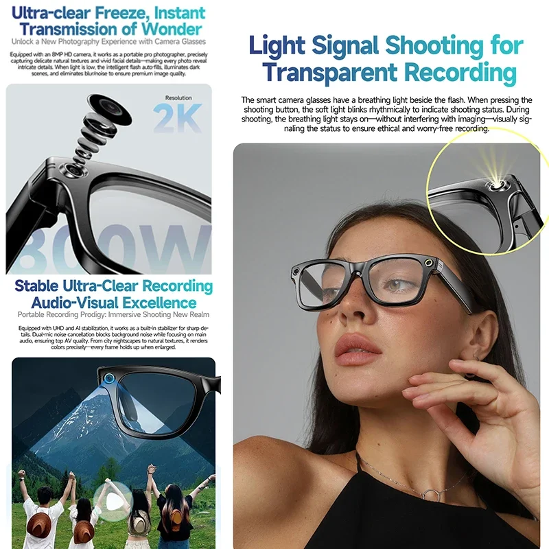 AI Photo Recognition Answer Translation Glasses HD-Definition 800W Camera Music Dual-Mic Call Color-Changing Lens Smart Glasses