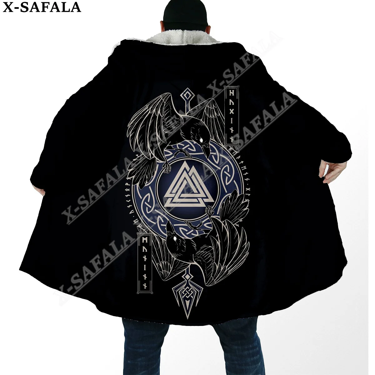 Raven Tattoo Symbol Viking Armor 3D Print Dream Cloak Thick Warm Hooded Men Overcoat Coat Windproof Fleece Cape Robe Blanket-3