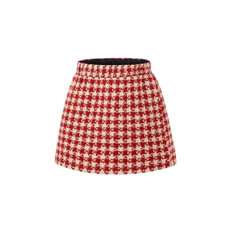Girls Houndstooth Woolen Skirt Autumn Winter Fleece Lined High Waist A-Line Red Plaid Short Skirt Christmas Skirt Size 110-160cm