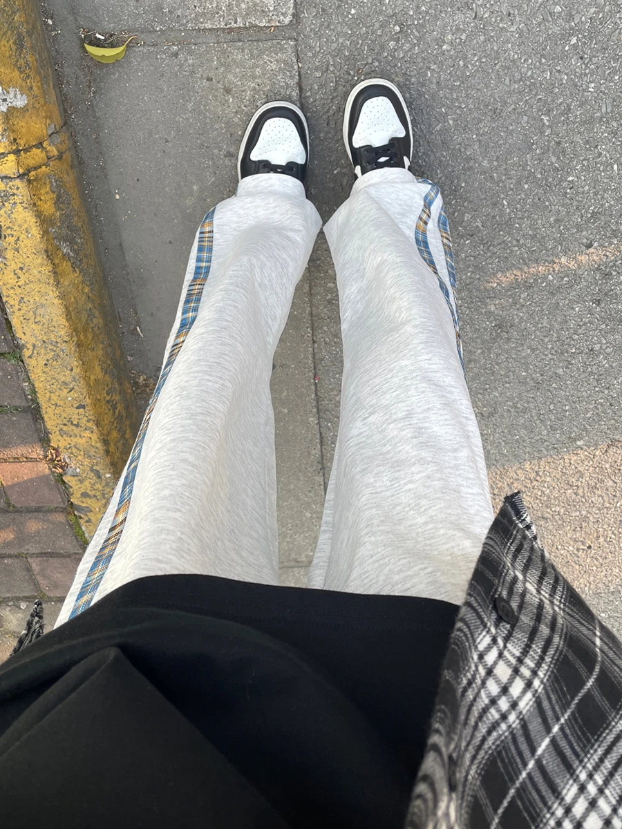 Men's Heavyweight Floral Grey Striped Sweatpants Casual Sport Trousers Loose Straight Leg Long Pants Autumn Winter Fashion