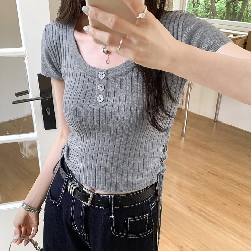 Summer Elastic Short Sleeve Knitted Tops T-Shirts Temperament Cropped Top Women Korean Fashion Skinny Slim-Fit Tees Shirts Girls