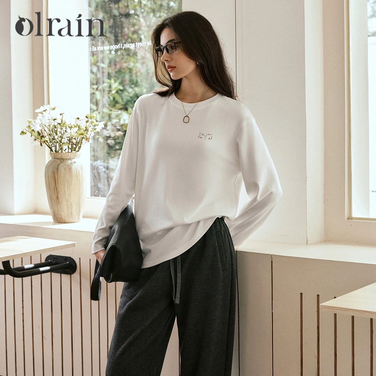 

Женские футболки OLrain с принтом, повседневные, с забавным кошачьим принтом, с круглым вырезом, с длинным рукавом, осень 2025, новые женские топы, женская одежда O57QT001091