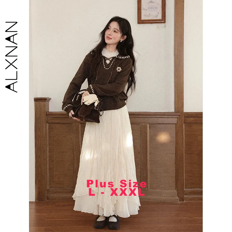 

ALXNAN абрикосовые юбки больших размеров, осенние плиссированные многослойные длинные юбки с эластичной резинкой на талии, 2025 г., высококачественная женская одежда D57863