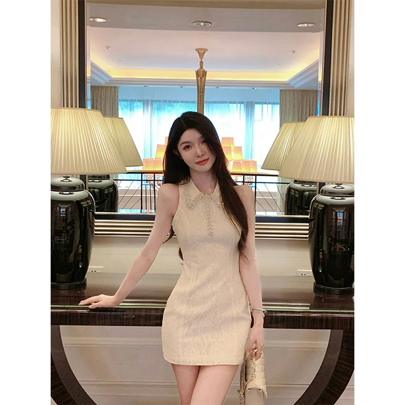 MEXZT Elegant Mini Dressผู้หญิงแฟชั่นประดับด้วยลูกปัดPatchworkฤดูร้อนสุภาพสตรีเกาหลีแขนกุดBodycon Design Vestidos