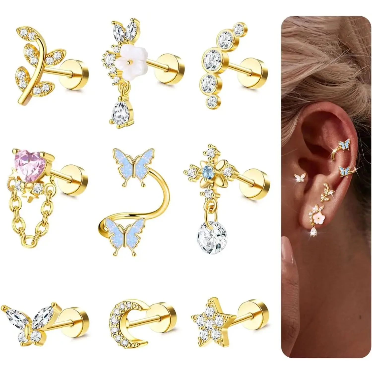 

Bobisty 9Pcs Helix Cartilage Studs Earrings for Women Men Stainless Steel Tragus Earrings Moon Star Flower Ear Piercing Jewelry
