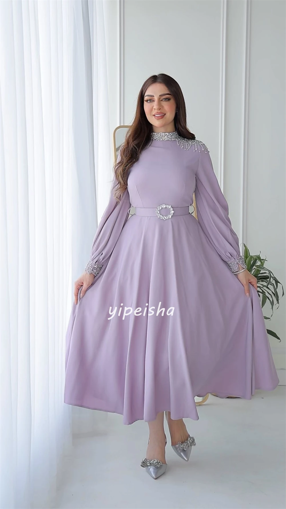 Customized Jersey Tassel Rhinestone Draped Wedding Party A-line High Collar Bespoke Occasion Gown Midi Dresses