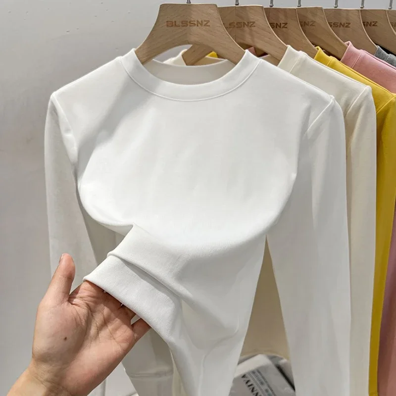 Solide Vielseitig Trend Casual Langarm T-shirts Frauen Frühling Herbst Büro Grundlegende Oansatz Dünnes T-Shirt Koreanische Einfache Basis Schicht Top