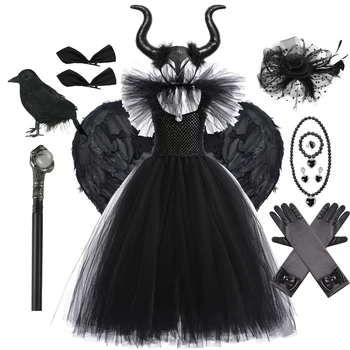 Halloween Mädchen Hexe Kostüm Tüllkleid für Mädchen Cosplay Böse Königin Schwarz Mesh Prinzessin Kleid Kinder Krähe Zauberstab