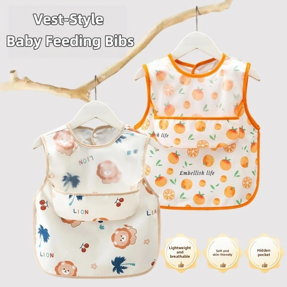 Cute Polyester Babies Feeding Bibs Waterproof Adjustable Neck Toddler Eating Aprons Pocket Design Kid Vest Bibs Mealtime Use