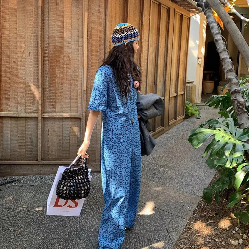 Chemise à manches courtes pour femmes, imprimé Floral bleu, combinaison à revers, simple boutonnage, ample, polyvalente, pantalon à jambes larges, corée