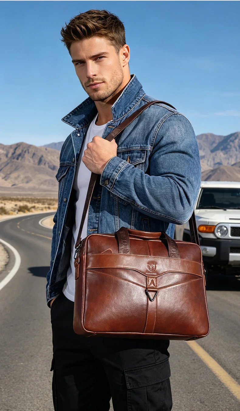 BULLCAPTAIN Men's Genuine Leather Briefcase Shoulder Bag 15 Inch Laptop Case Men's Briefcase Classic Office Business Handbag