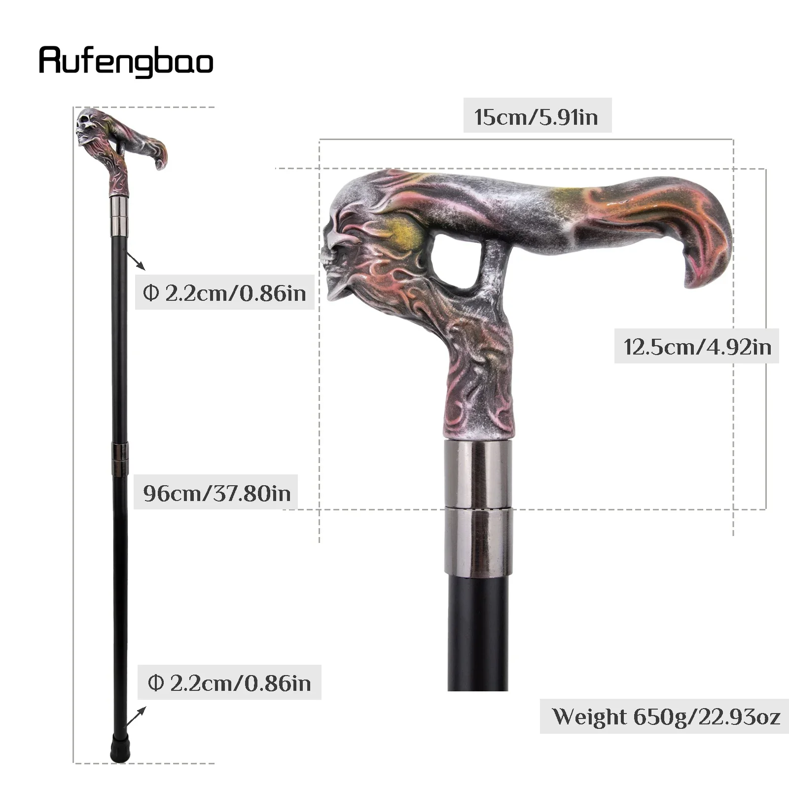 Silver Resin Long Head Skull Colorful Cane Fashion Decorative Steel Stick Gentleman Elegant Cosplay Cane Knob Crosier 96cm