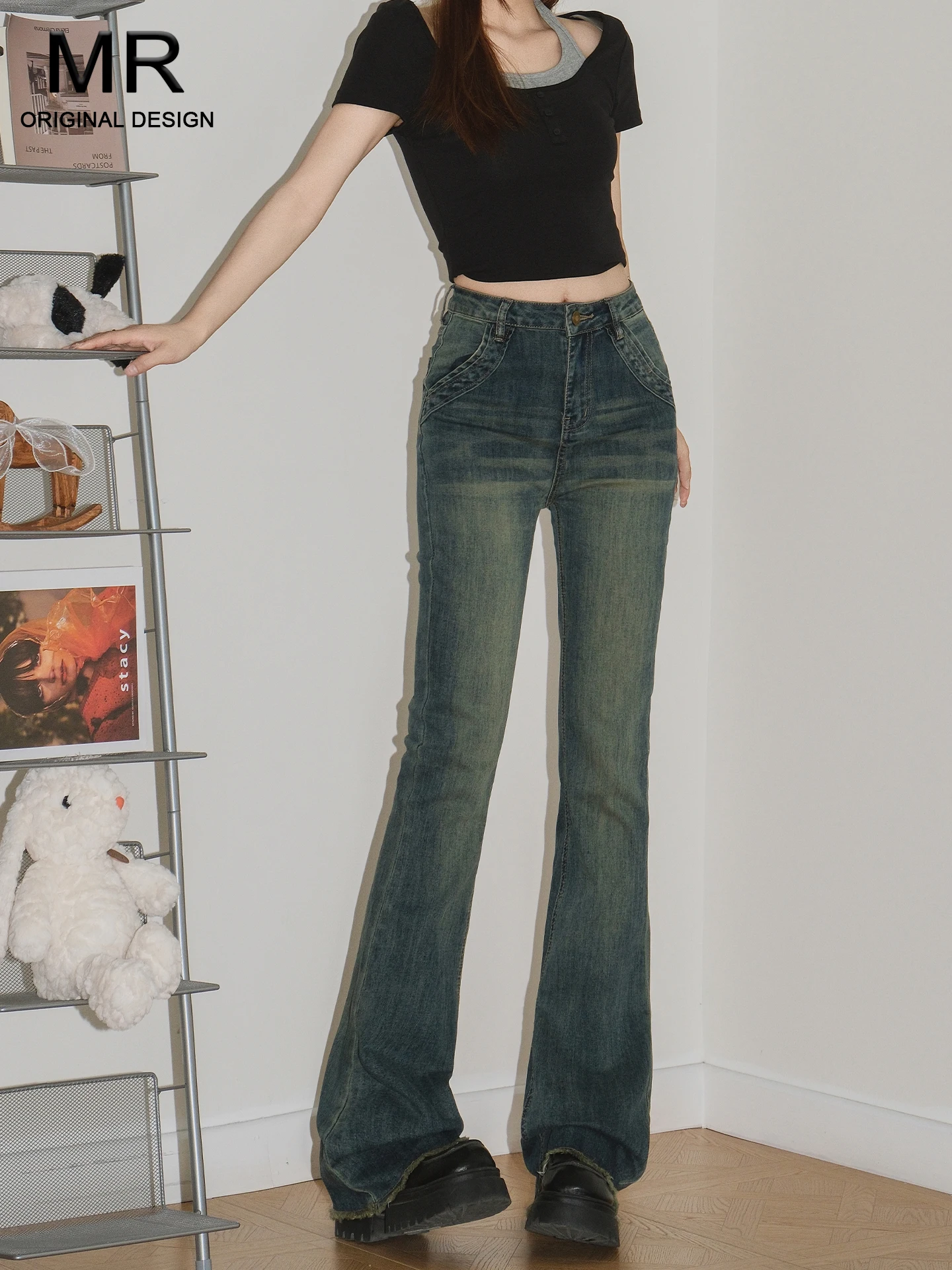 

American Retro Blue Frayed Micro Flared Denim Jeans Women's New 2026 Summer Spicy Slimming Floor-Length Hoof Pants